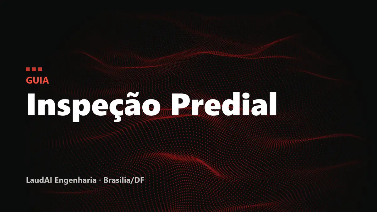 Capa com o texto "Guia: Inspeção Predial" sobre fundo preto com ondas de partículas vermelhas