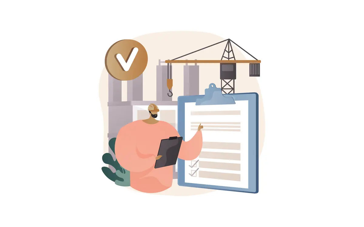 Ilustração de um engenheiro conferindo uma lista de verificação diante de um prédio em obra com guindaste
