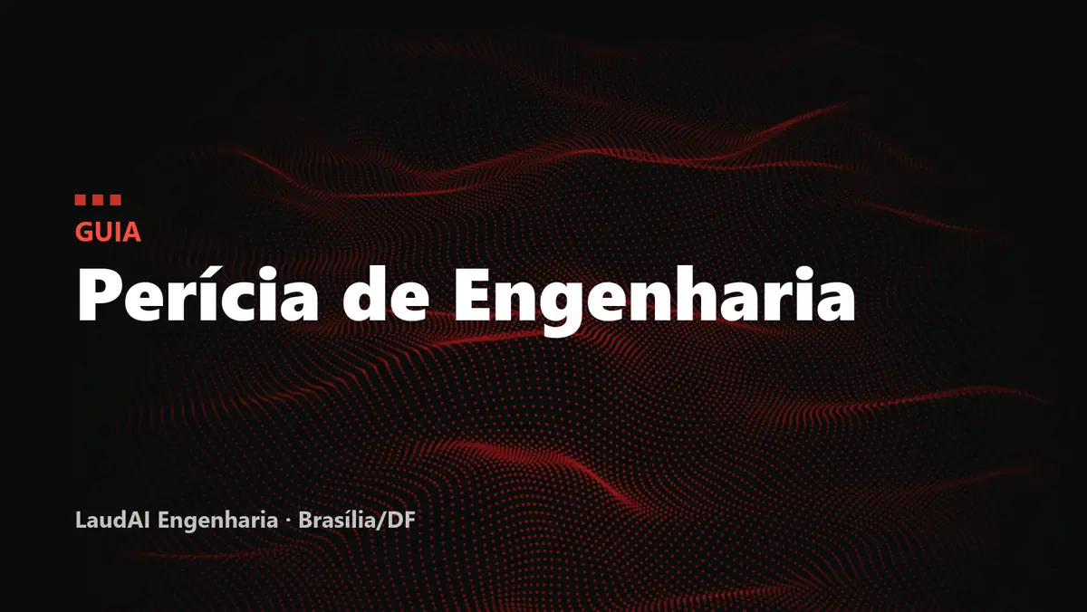 Capa com o texto "Guia: Perícia de Engenharia" sobre fundo preto com ondas de partículas vermelhas