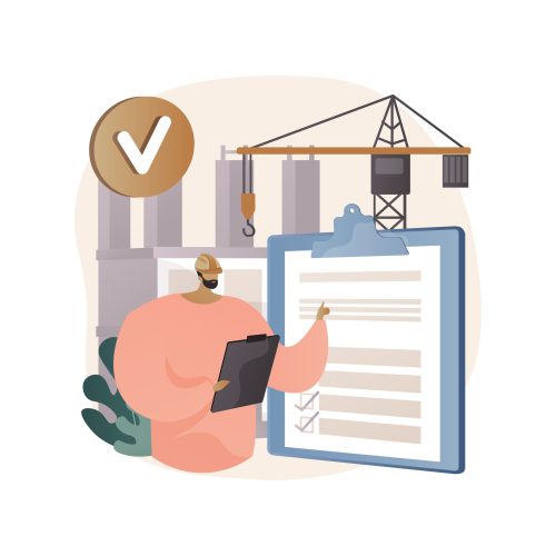 Construction quality control abstract concept vector illustration. Quality management, building progress, project requirements, materials specification, architecture blueprint abstract metaphor.